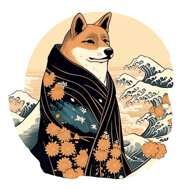 Cute shiba inu dog in kimono with waves generative ai illustration