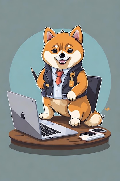 cute shiba inu dog professor with laptop cartoon illustration flat design sticker vector no backgrou