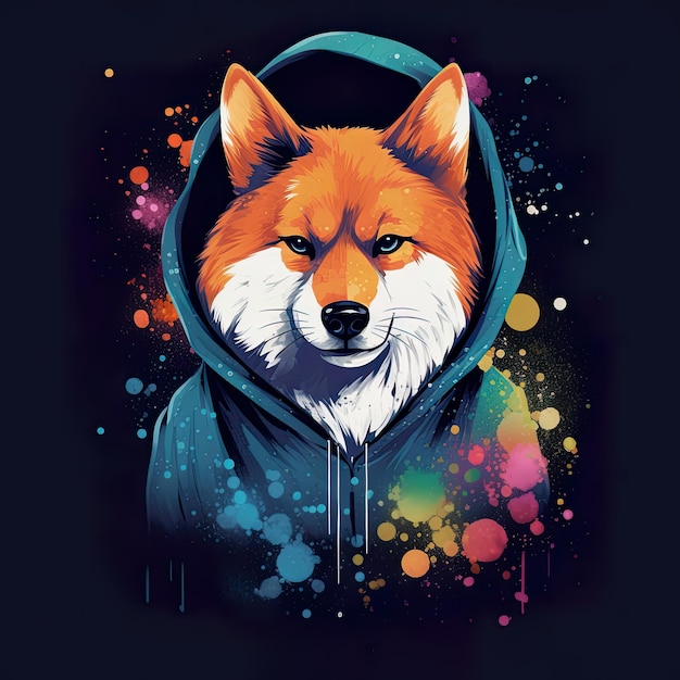 Cute shiba inu dog in space hoodie on black AI generative illustration