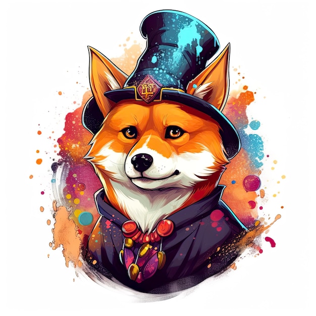 Cute shiba inu dog in top hat AI generative illustration