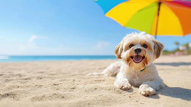 Cute Shih Tzu Enjoying Beach Relaxation Under Colorful Umbrella Canopy on Sunny Day