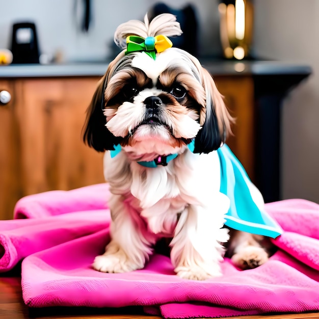 Cute Shih Tzu Playing with Dog Towel