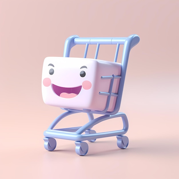 cute shopping cart adorable expression 3D tiny cute isometric emoji soft pastel colors