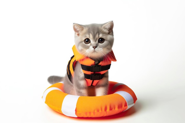 cute short hair cat wear life vest and floatation device Isolated on solid white bright background ai generative