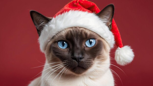 A cute Siamese cat wearing a Santa hat on a red backdrop perfect for festive holiday imagery