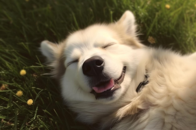 Cute Siberain Husky sleeping in grass upward facing the camera Generative AI