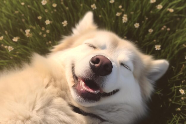 Cute Siberain Husky sleeping in grass upward facing the camera Generative AI