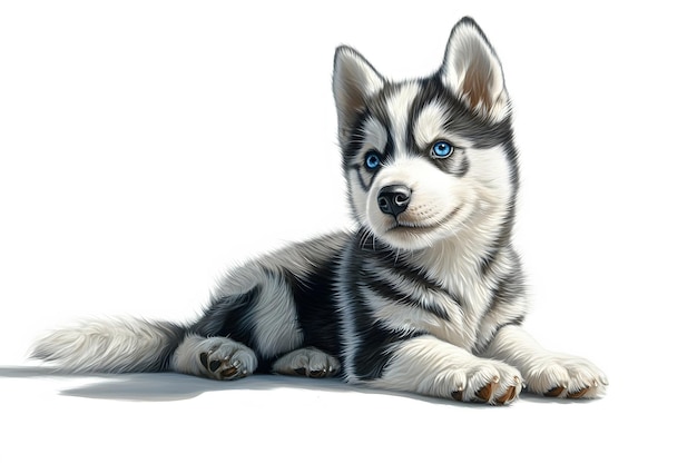 A cute Siberian husky puppy with bright blue eyes sitting gracefully against a white background