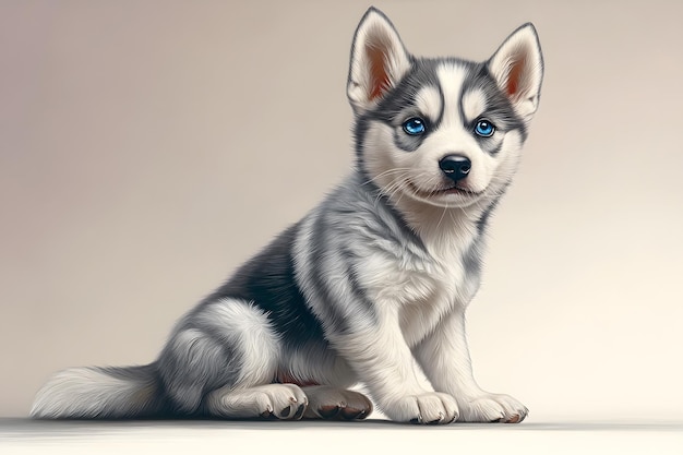 A cute Siberian husky puppy with bright blue eyes sitting gracefully against a white background