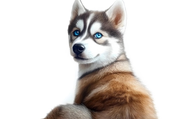 A cute Siberian husky puppy with bright blue eyes sitting gracefully against a white background