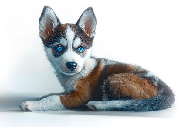 A cute Siberian husky puppy with bright blue eyes sitting gracefully against a white background