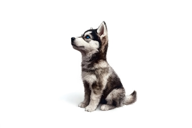 A cute Siberian husky puppy with bright blue eyes sitting gracefully against a white background