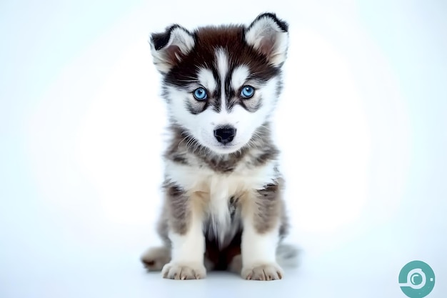 A cute Siberian husky puppy with bright blue eyes sitting gracefully against a white background