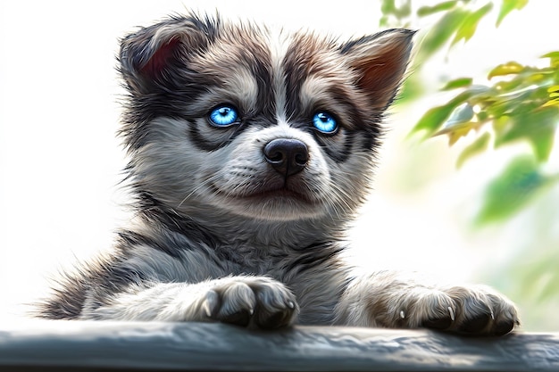 A cute Siberian husky puppy with bright blue eyes sitting gracefully against a white background