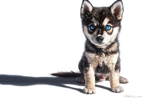 A cute Siberian husky puppy with bright blue eyes sitting gracefully against a white background