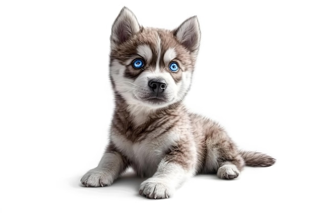 A cute Siberian husky puppy with bright blue eyes sitting gracefully against a white background