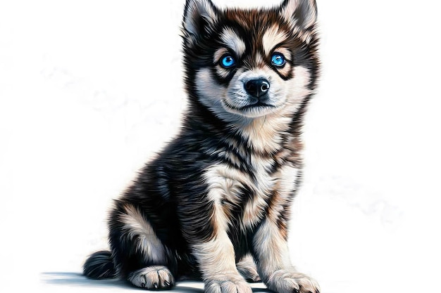 A cute Siberian husky puppy with bright blue eyes sitting gracefully against a white background