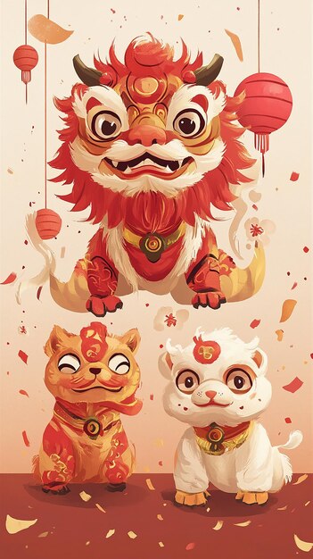 Cute Simple Cartoon of Dragon and Lion Dance for New Year