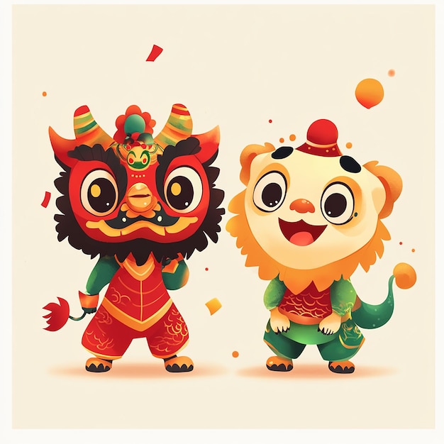 Photo cute simple cartoon of dragon and lion dance for new year