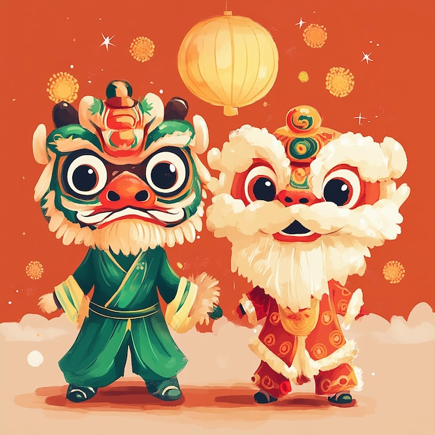 Cute Simple Cartoon of Dragon and Lion Dance for New Year