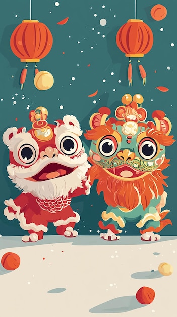 Cute Simple Cartoon of Dragon and Lion Dance for New Year