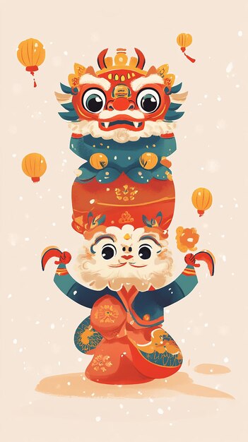 Cute Simple Cartoon of Dragon and Lion Dance for New Year