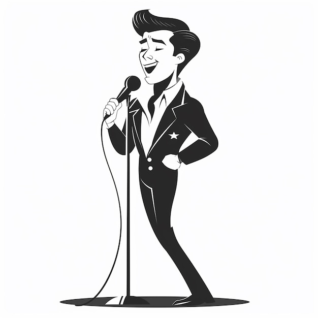 A cute singer cartoon man on a white background black and white flat