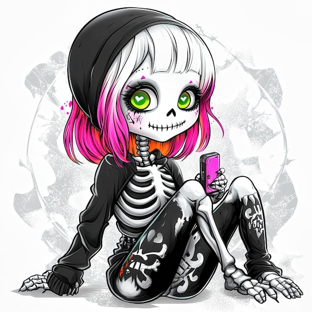 Photo cute skeleton girl with pink hair taking a selfie