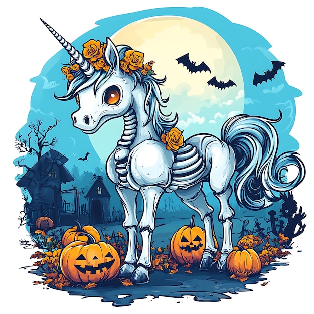 cute skeleton unicorn with fullbody Halloween theme with white background