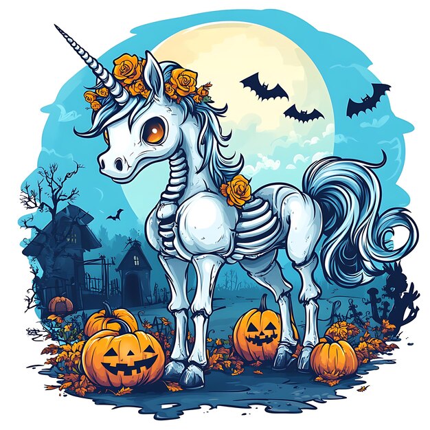 Photo cute skeleton unicorn with fullbody halloween theme with white background