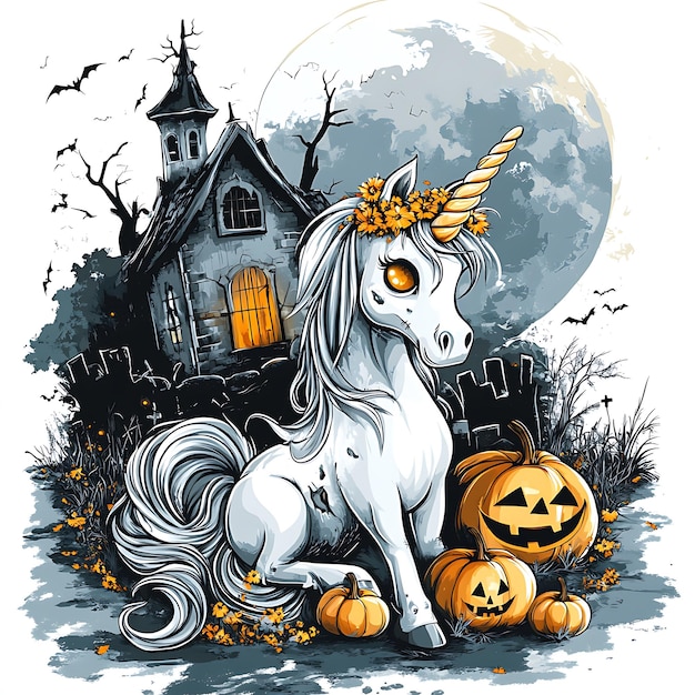 cute skeleton unicorn with fullbody Halloween theme with white background