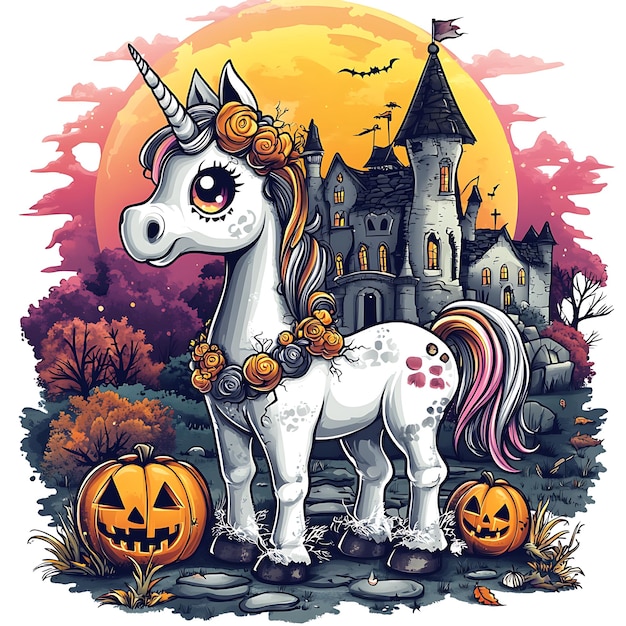 cute skeleton unicorn with fullbody Halloween theme with white background