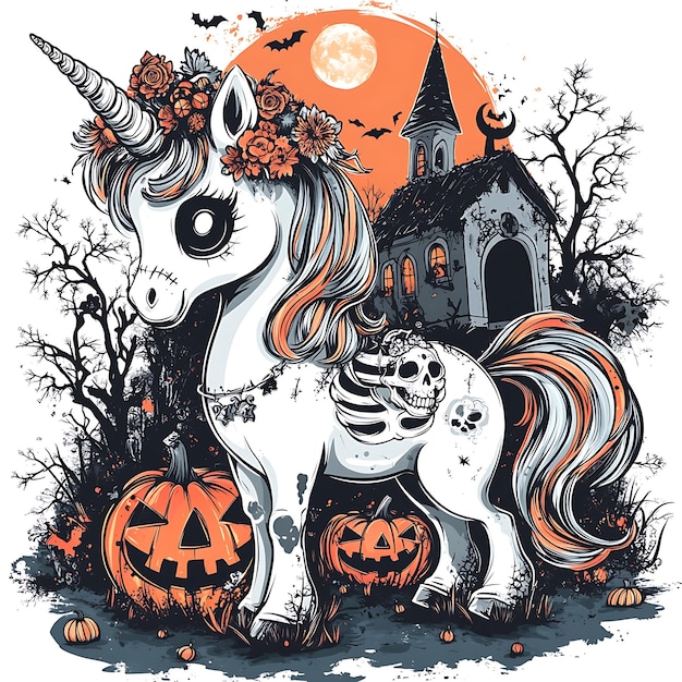 cute skeleton unicorn with fullbody Halloween theme with white background