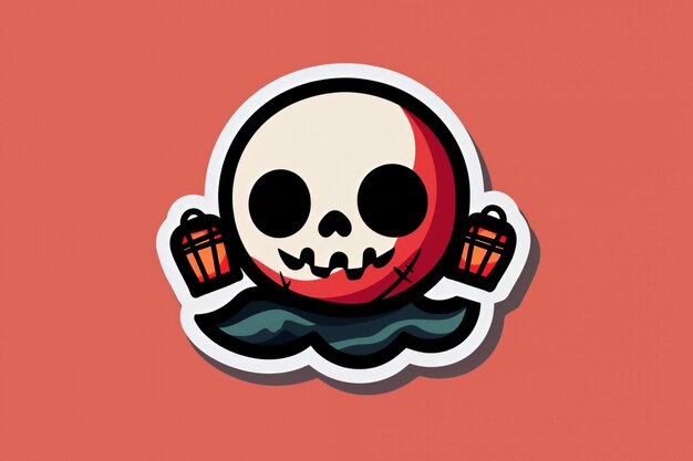 Photo cute skull character with lanterns holding a red pumpkin