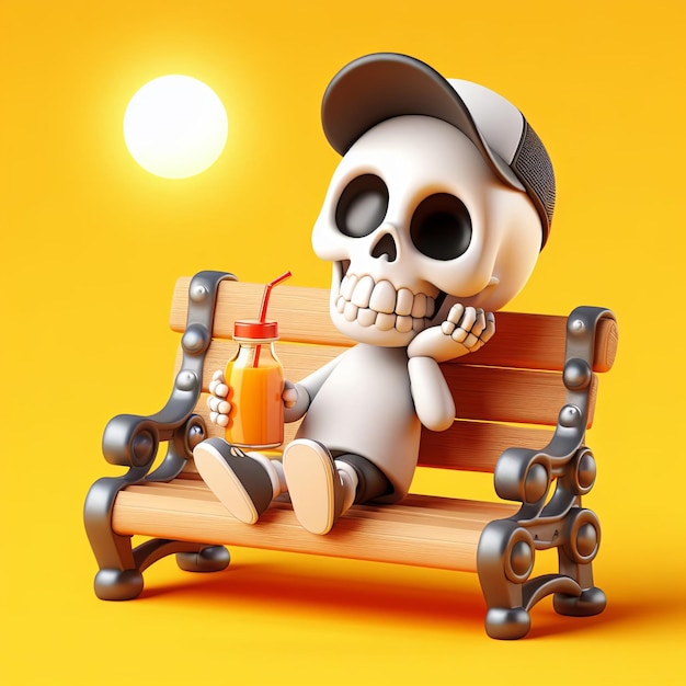 cute skull relaxing on bench and drink juice cartoon 3d