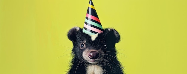 A cute skunk in a striped birthday party hat against a lime green background looking mischievous