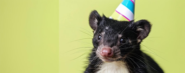 Photo a cute skunk in a striped birthday party hat against a lime green background looking mischievous