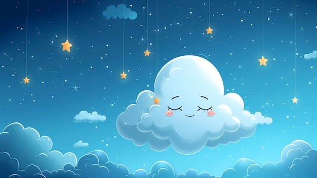 Photo cute sleeping cloud with stars in night sky adorable cartoon illustration