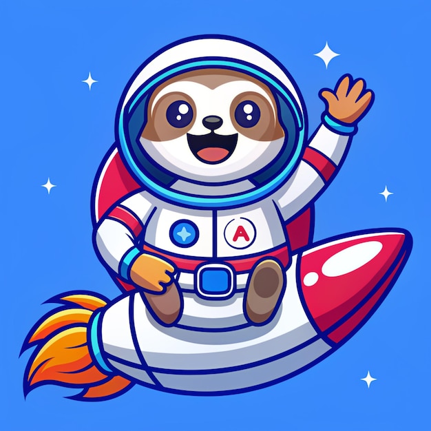 Photo cute sloth astronaut riding rocket and waving hand cartoon vector icon illustration animal technology icon concept isolated premium vector flat cartoon style