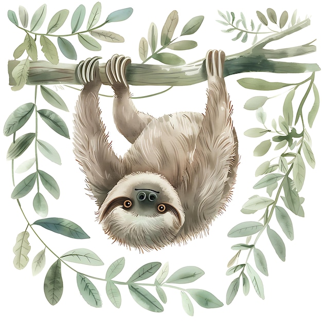 Photo cute sloth hanging on a branch watercolor illustration