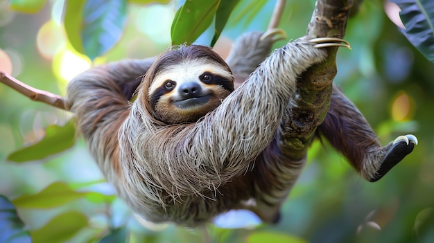 A cute sloth hangs upside down from a tree branch with a friendly expression