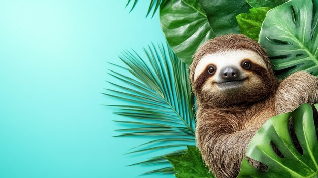 Photo cute sloth surrounded by tropical leaves on blue background