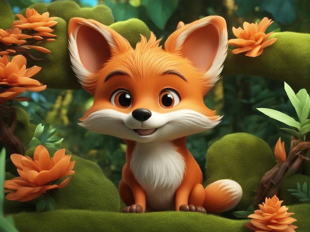 A cute small 3D fox cartoon isolated on blurred jungle background