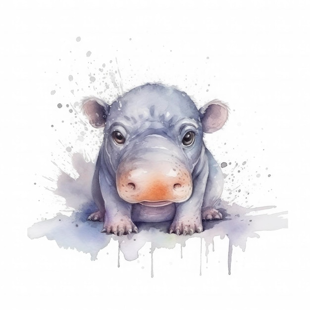 Cute small baby hippo water color pastel color with white background generat ai