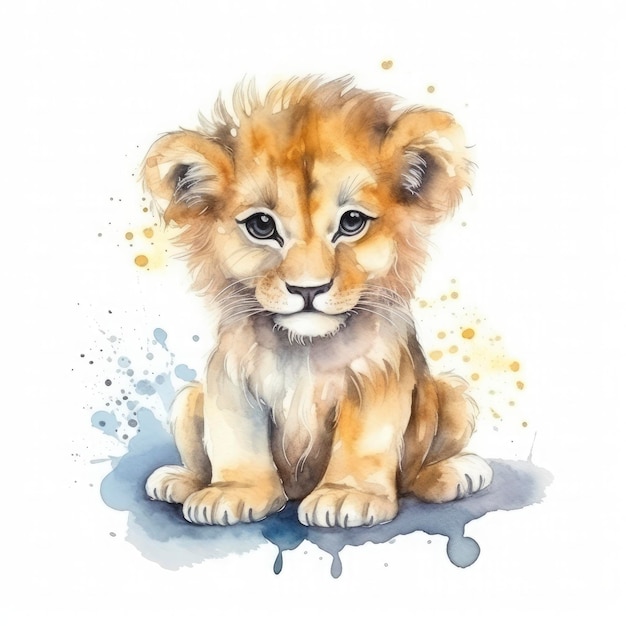 Cute small baby lion water color pastel color on white background