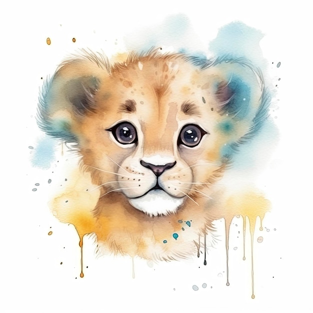 Cute small baby lion water color pastel color on white background