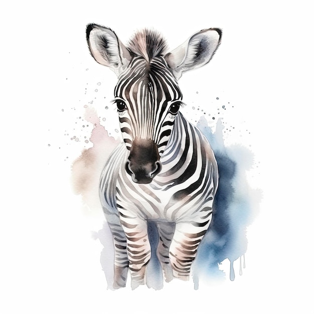 Cute small baby zebra water color pastel color with white background generat ai