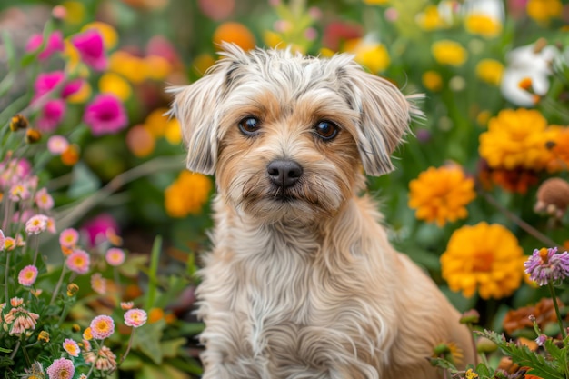 Cute Small Brown Dog with Shaggy Fur Sitting Among Colorful Garden Flowers Pet Portraiture and