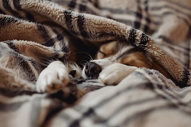 Cute small dog napping under a warm blanket in a cozy room