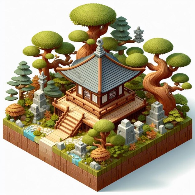 cute small forest zen wood temple 3d game isometric detailed white background